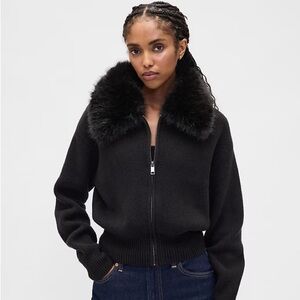 GAP CashSoft Faux-Fur Collar Zip Cardigan Sweater
